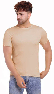dilgona Solid Men Round Neck Beige T-Shirt