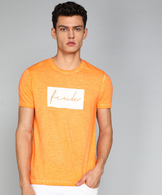 French Connection Typography Men Round Neck Orange T-Shirt