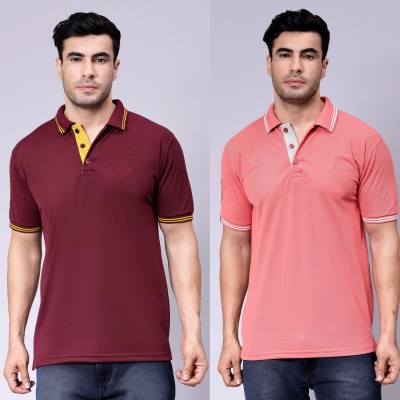 We Perfect Solid Men Polo Neck Maroon, Pink T-Shirt