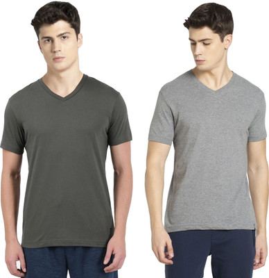 JOCKEY Solid Men V Neck Dark Green, Grey T-Shirt
