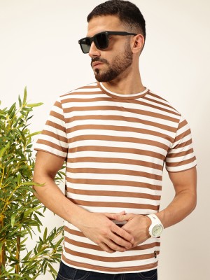 THOMAS SCOTT Striped Men Crew Neck Brown, Beige T-Shirt