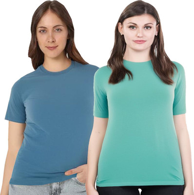 HouseOfCommon Solid Women Round Neck Blue, Light Green T-Shirt