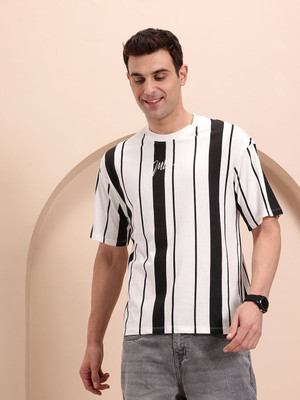 Mast & Harbour Striped Men Round Neck White T-Shirt