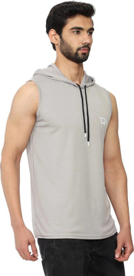 TQH Solid Men Hooded Neck Grey T-Shirt