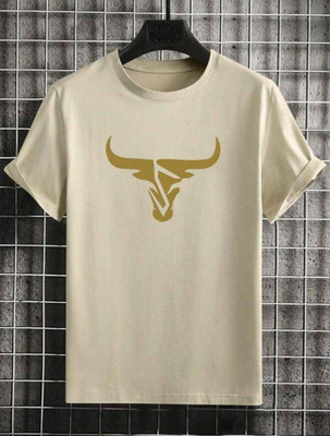 Twenty2Creation Printed Men Round Neck Beige T-Shirt