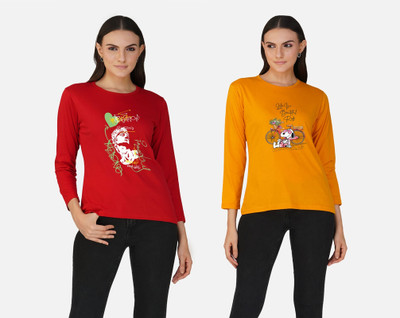 CHOZI Printed Women Round Neck Yellow, Red T-Shirt