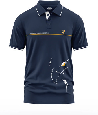 Warriorworld Printed Men Polo Neck Navy Blue T-Shirt
