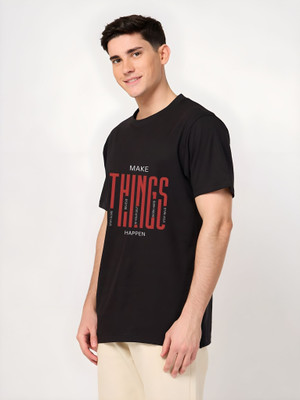 Moda Rapido Self Design Men Round Neck Black T-Shirt