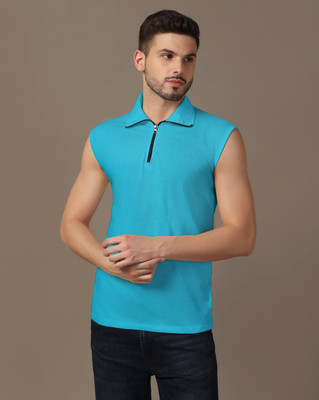 Blisstone Solid Men Polo Neck Light Blue T-Shirt