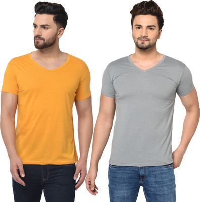 Tresna Trendy Solid Men V Neck Yellow, Grey T-Shirt