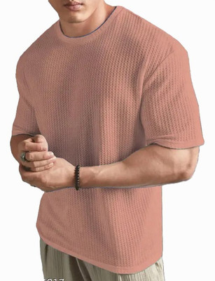 R ARHAN Self Design Men Round Neck Orange T-Shirt