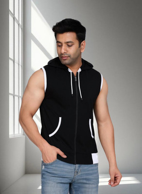 VASTRAART Solid Men Hooded Neck Black, White T-Shirt