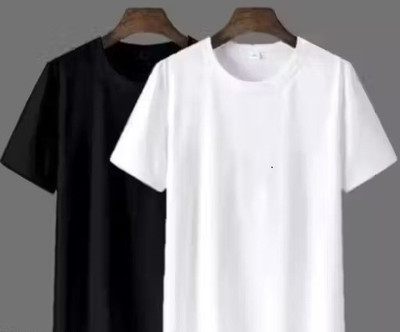 At Last Fashion Solid Men Round Neck White, Black T-Shirt