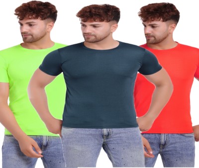 KASPY Solid Men Round Neck Dark Blue, Red, Light Green T-Shirt