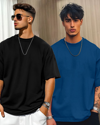 AOOSH Solid Men Round Neck Dark Blue, Black T-Shirt
