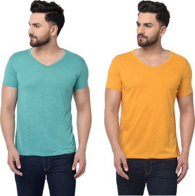 Tresna Trending Solid Men V Neck Light Green, Yellow T-Shirt
