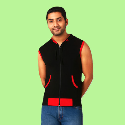 VASTRAART Solid Men Hooded Neck Black, Red T-Shirt