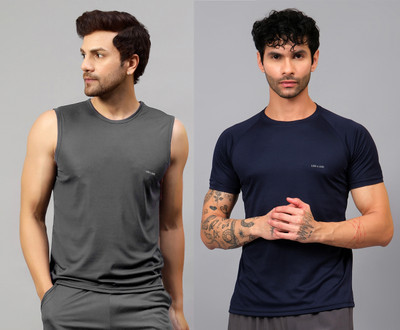 UDI n ADI Self Design Men Round Neck Grey, Navy Blue T-Shirt