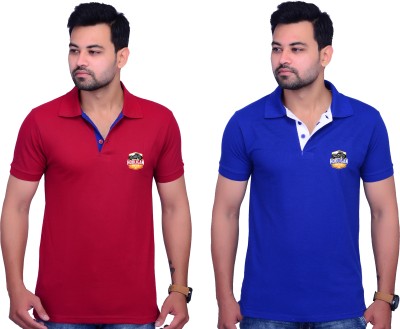 La Milano Solid Men Polo Neck Blue, Red T-Shirt