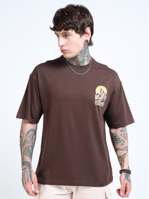Glitchez Printed Men Round Neck Brown T-Shirt