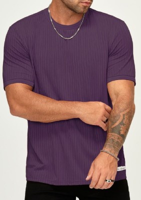 WINGS & HORNS Self Design Men Round Neck Purple T-Shirt