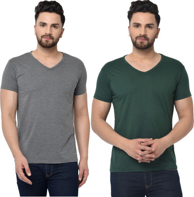 JB Jangoboy Solid Men V Neck Dark Green, Grey T-Shirt