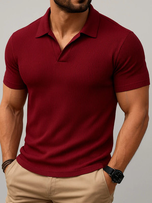 HouseOfCommon Self Design Men Polo Neck Maroon T-Shirt