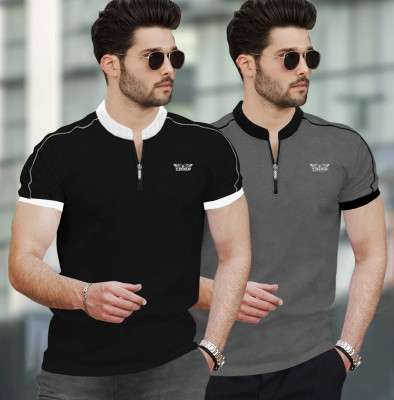 TRIPR Solid Men Mandarin Collar Multicolor T-Shirt