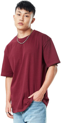 Datalact Solid Men Round Neck Maroon T-Shirt
