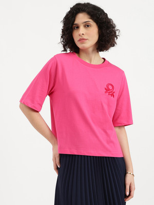 United Colors of Benetton Solid Women Round Neck Pink T-Shirt