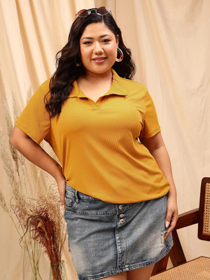 CURVY STREET Solid Women Polo Neck Yellow T-Shirt
