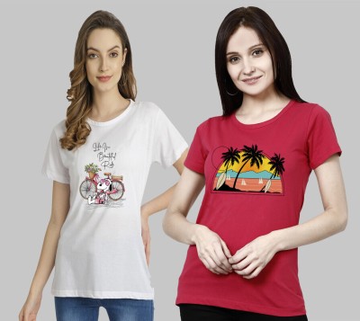 METRONAUT Printed Women Round Neck White, Red T-Shirt