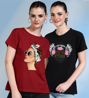 METRONAUT Printed Women Round Neck Red, Black T-Shirt