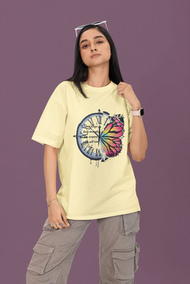 syom Graphic Print Women Round Neck Beige T-Shirt