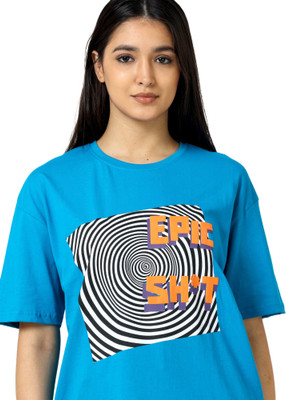 Albatross Typography Women Round Neck Blue T-Shirt