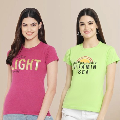 Tromko Printed Women Round Neck Light Green, Pink T-Shirt