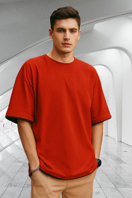 EMERALD Solid Men Round Neck Red T-Shirt