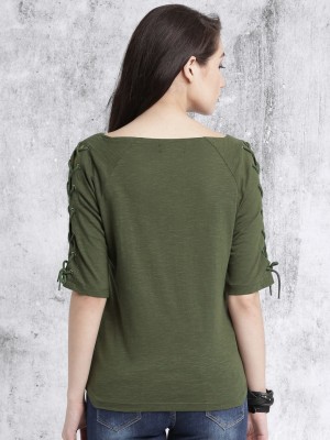 Roadster Solid Women Boat Neck Dark Green T-Shirt