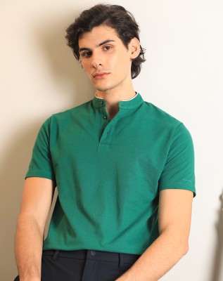 RARE RABBIT Solid Men Polo Neck Green T-Shirt