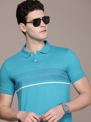 French Connection Printed Men Polo Neck Blue T-Shirt