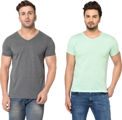 Moordale Fab Solid Men V Neck Grey, Light Green T-Shirt