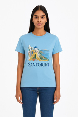 vastra root Printed Women Round Neck Blue T-Shirt