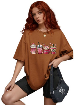 Ericia Printed, Graphic Print Women Round Neck Brown T-Shirt