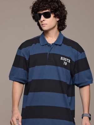 Roadster Striped Men Polo Neck Blue T-Shirt