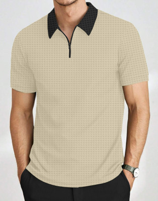 KAJARU Self Design Men Polo Neck Beige T-Shirt