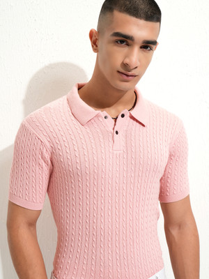HIGHLANDER Self Design Men Polo Neck Pink T-Shirt