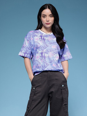HERE&NOW Printed Women Round Neck Purple T-Shirt