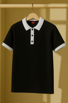 Try This Solid Men Polo Neck Black T-Shirt