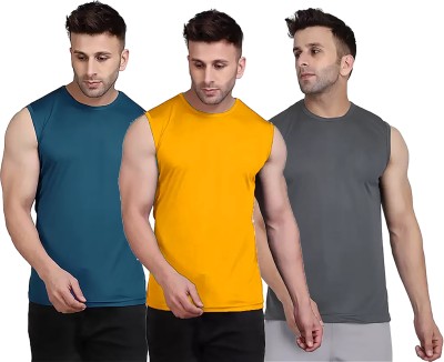 Think Tech Solid Men Round Neck Blue, Yellow, Grey T-Shirt