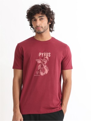 RARE RABBIT Printed, Typography Men Round Neck Red T-Shirt